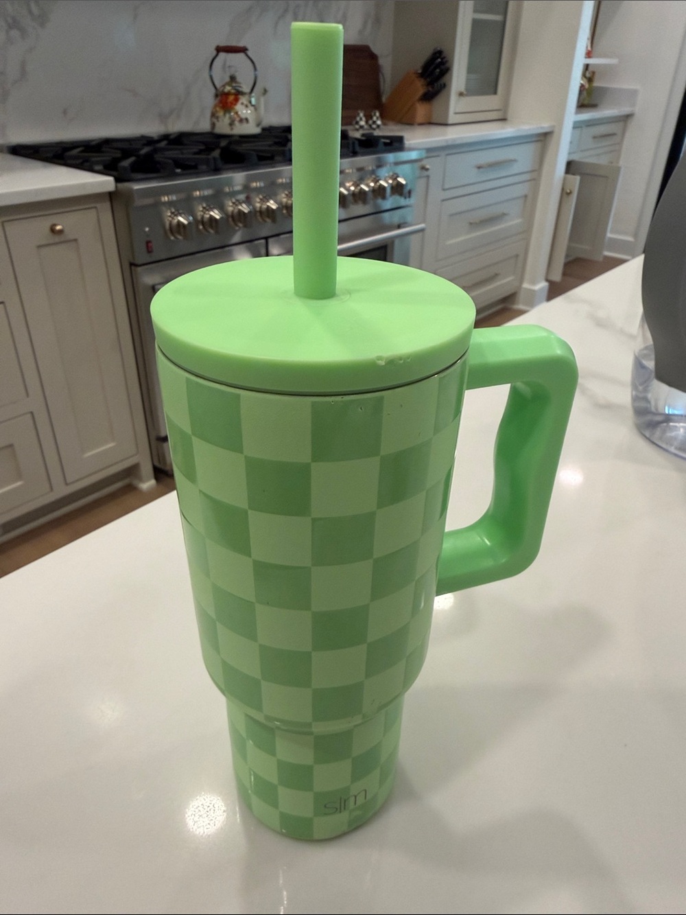 Simple Modern Green Checkered Travel Mug with Straw